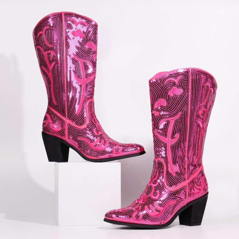 Women's Fuchsia Sequin Mid Calf Tall Zipper Pointed Toe Embroidered Cowgirl Boot